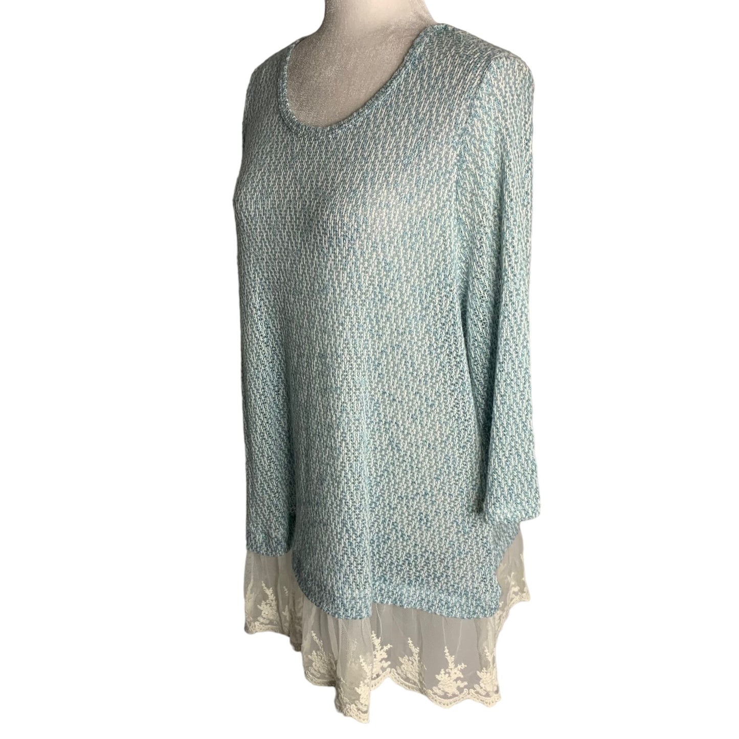 Krazy Kat Lightweight Knit Sweater XL Blue Lace Trim Long Sleeve Round Neck