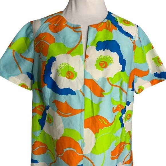 Vintage 60s Psychedelic Maxi Dress L Blue Green Floral Split V Neck Metal Zip