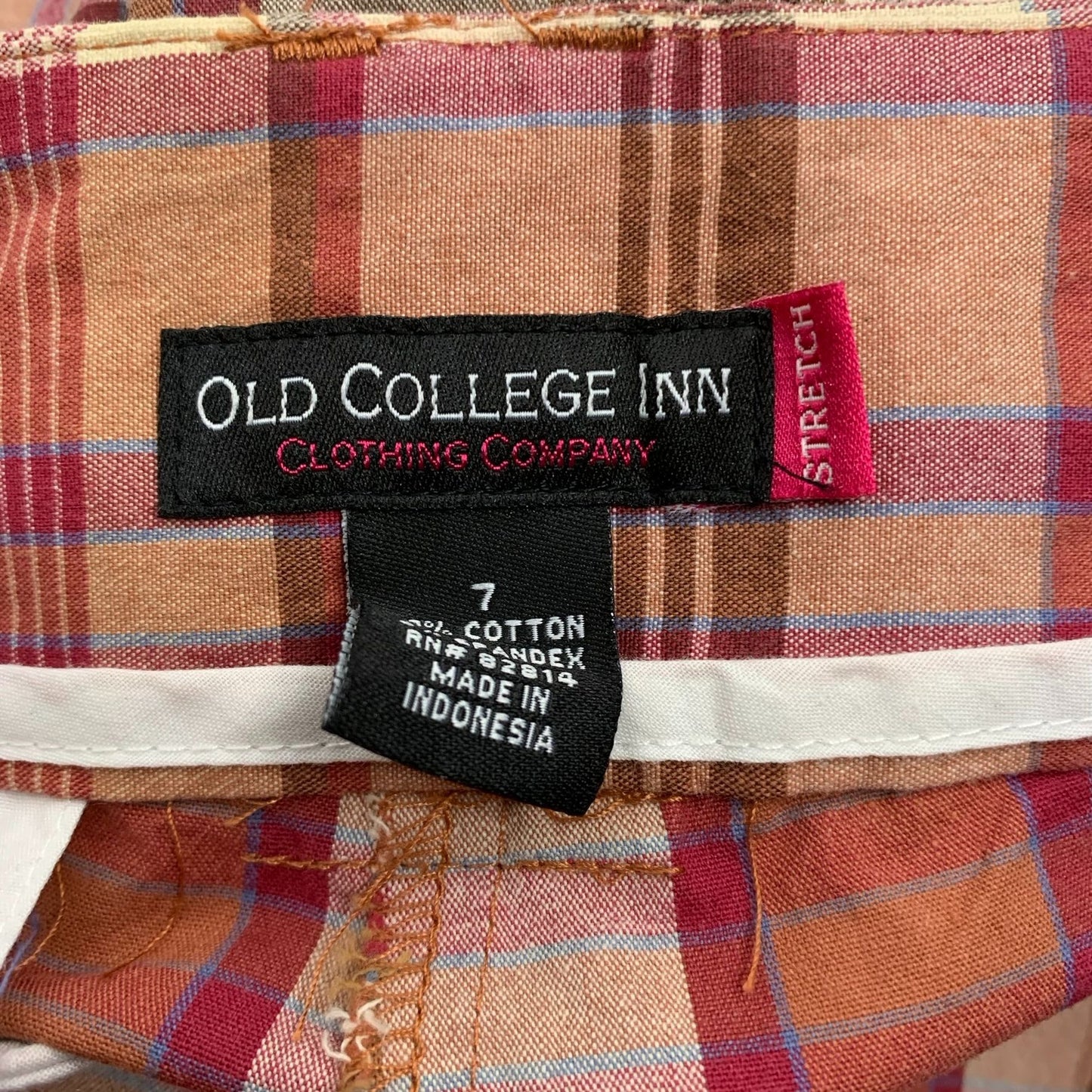 Old College Inn Low Rise Shorts 7 Orange Plaid Pocket Belt Loops Zip Hook Eye