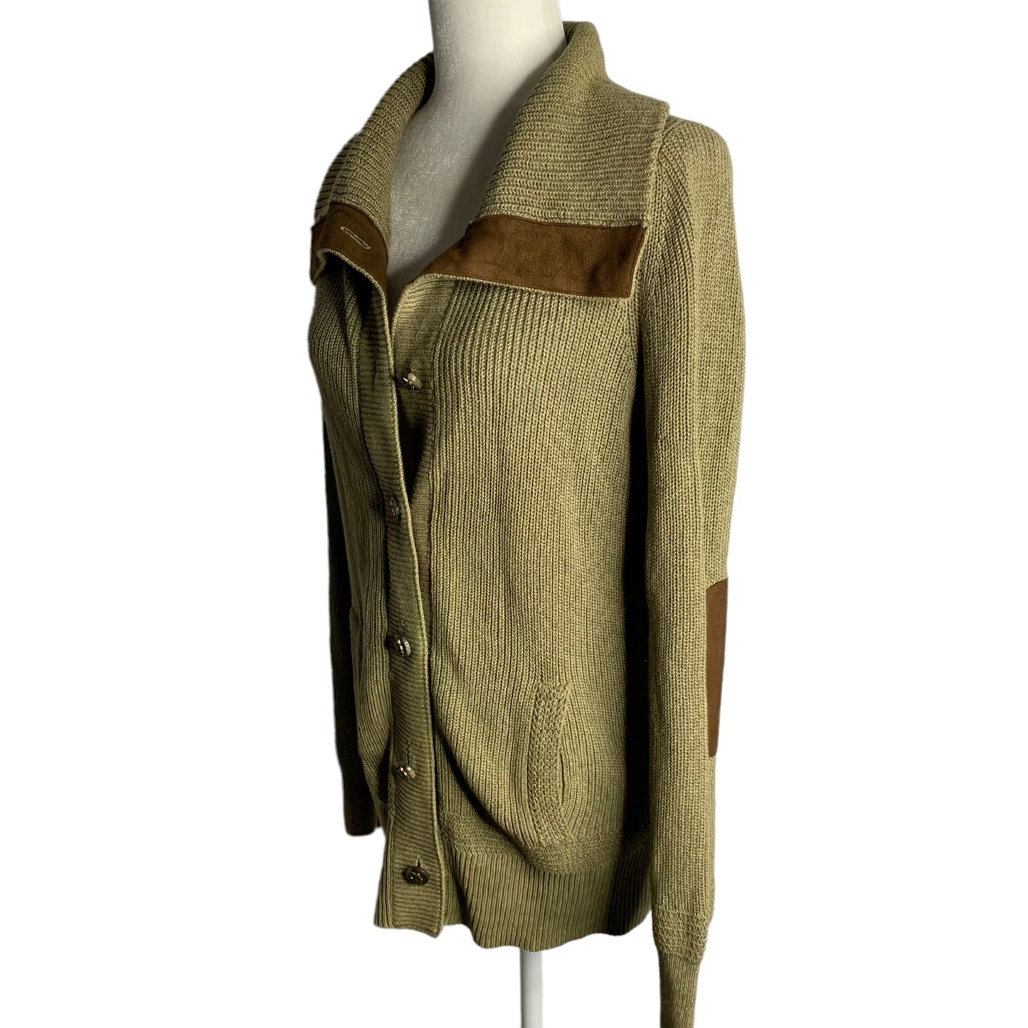 Lauren Ralph Lauren Cardigan Sweater M Green Brown Button Up Pockets Elbow Patch
