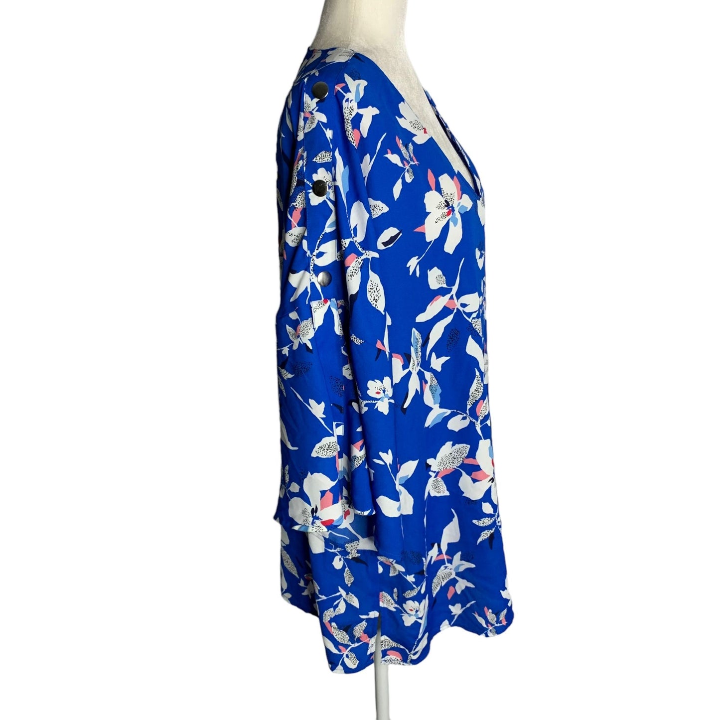 Prescott New York V Neck Pullover Blouse 14 Blue Floral Bell Sleeves Tunic