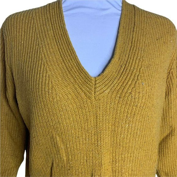 Cable Knit Pullover Sweater S Mustard Yellow V Neck Long Sleeve High Low