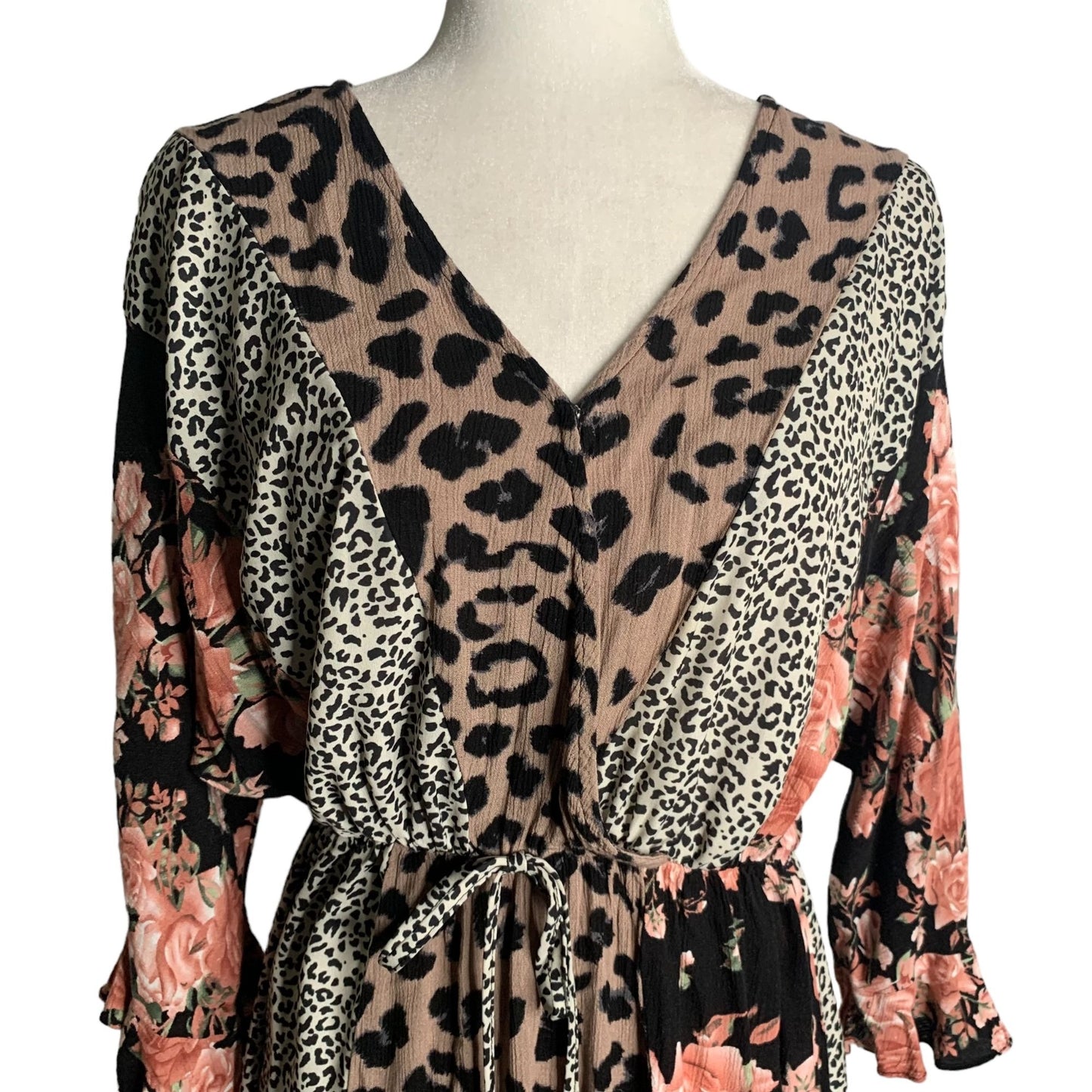 Gigio Animal Print High Low Dress M Multicolored Floral V Neck Elastic Waist