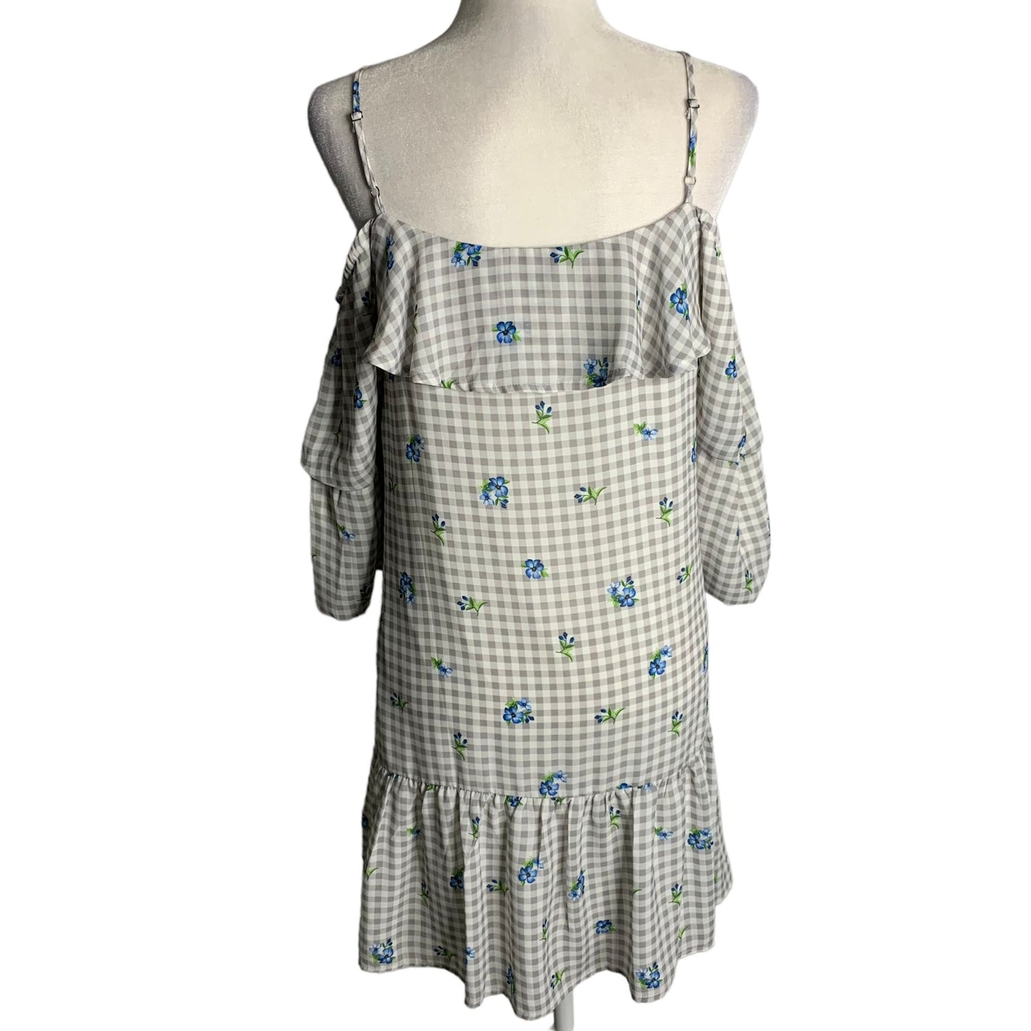 Skies are Blue Off the Shoulder Dress S White Check Floral Adjustable Straps
