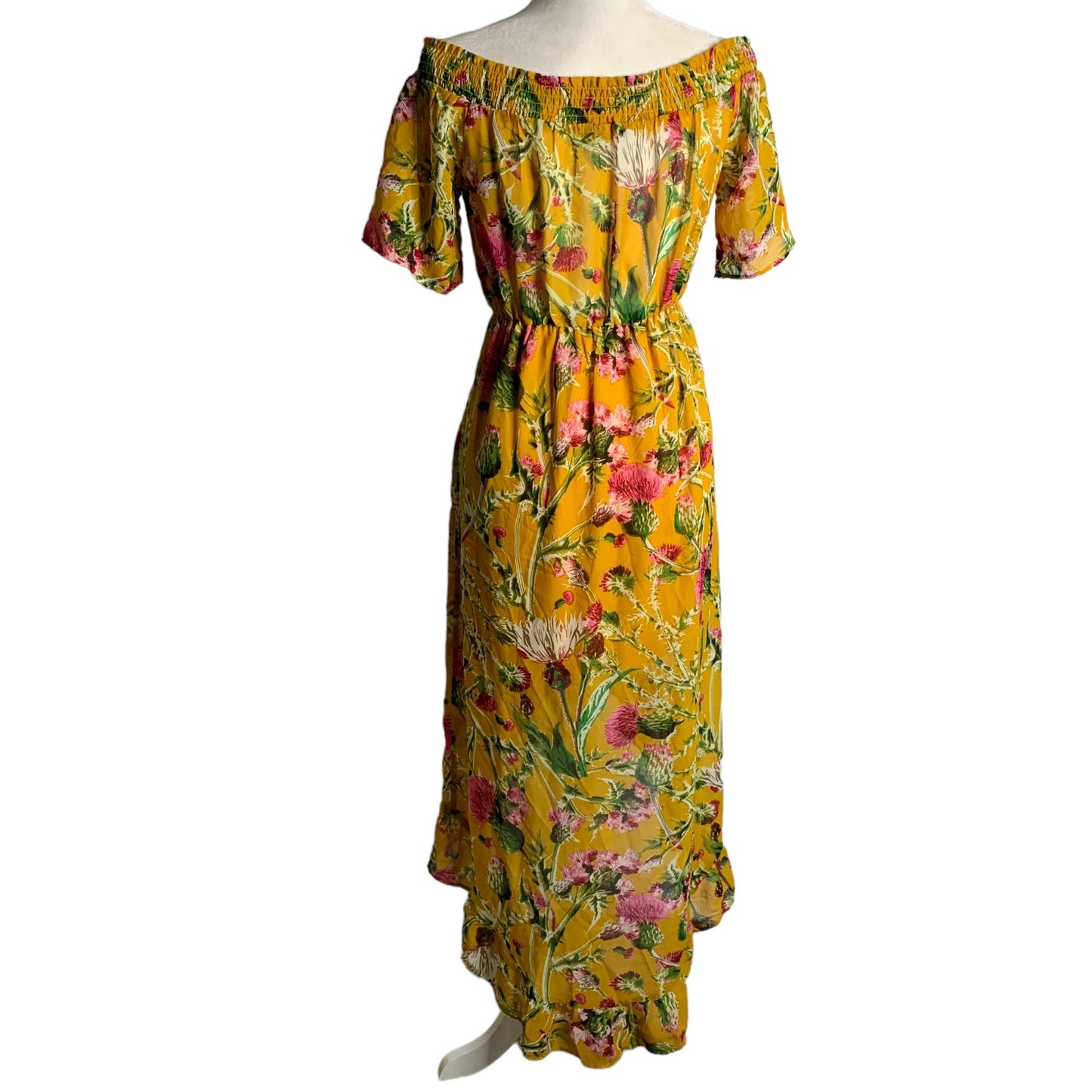 Boohoo Off the Shoulder Midi Dress 6 Yellow Floral High Low Hem Elastic Waist