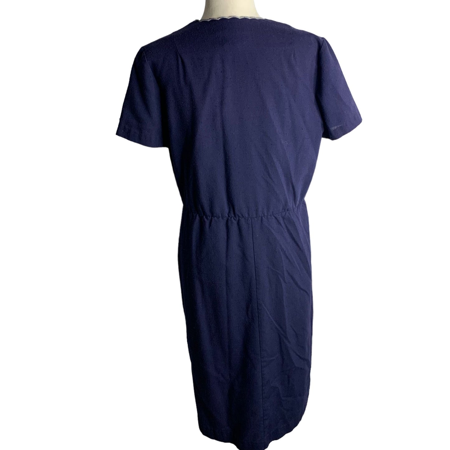 Vintage 80s Midi Sheath Dress M Blue Surplice Neck Elastic Waist Short Sleeves