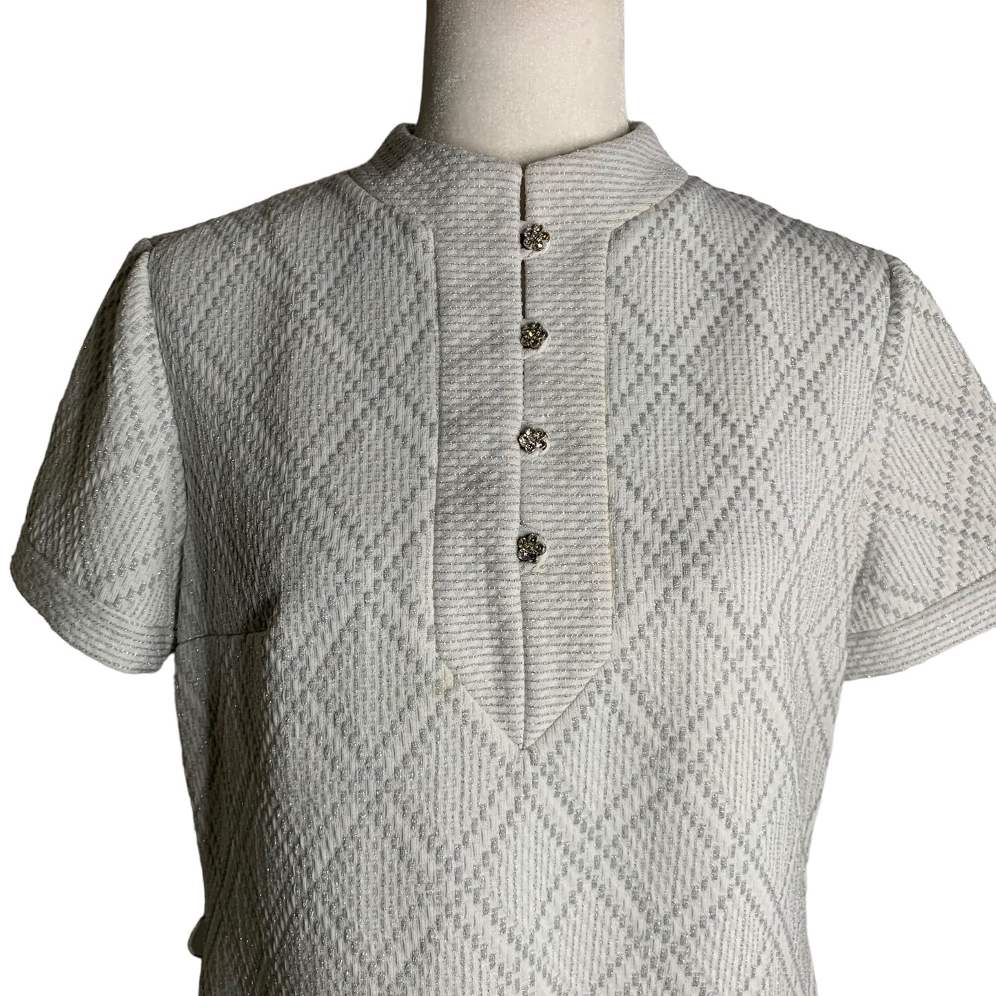 Vintage 60s R&K Knits Mod Sheath Dress M White Metallic Silver Rhinestones Zip