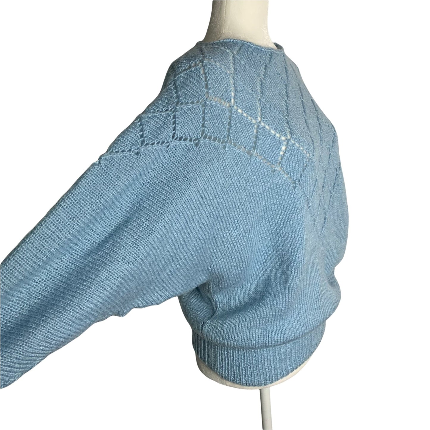 Vintage 80s Open Knit Pullover Sweater S Blue Dolman Sleeve Wool Blend