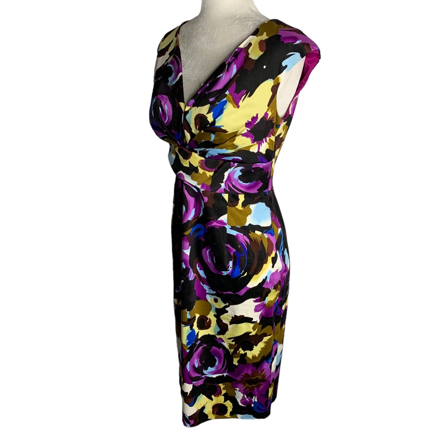 Donna Ricco Sleeveless Sheath Dress 4 Black Floral Zip V Neck Partially Lined