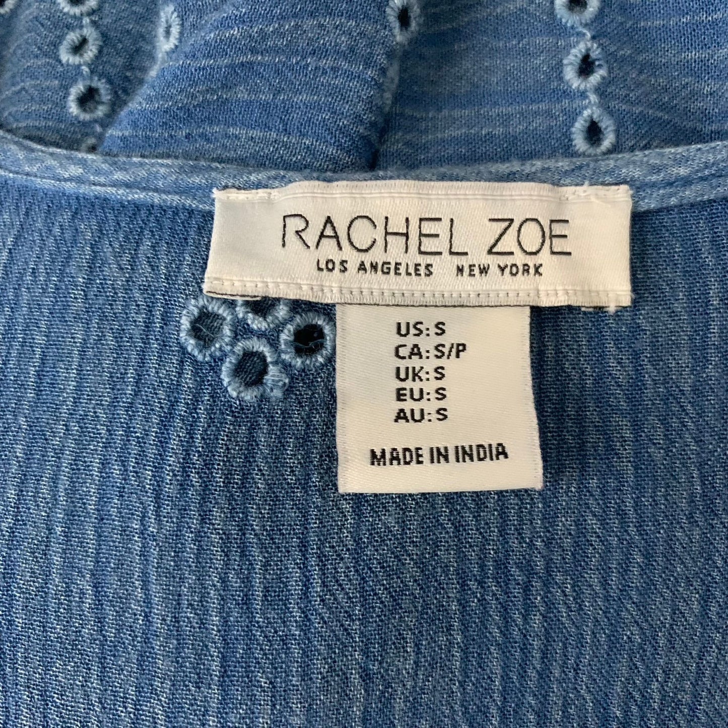 Rachel Zoe Embroidered Peasant Top S Blue Balloon Sleeve V Neck Eyelet Rayon