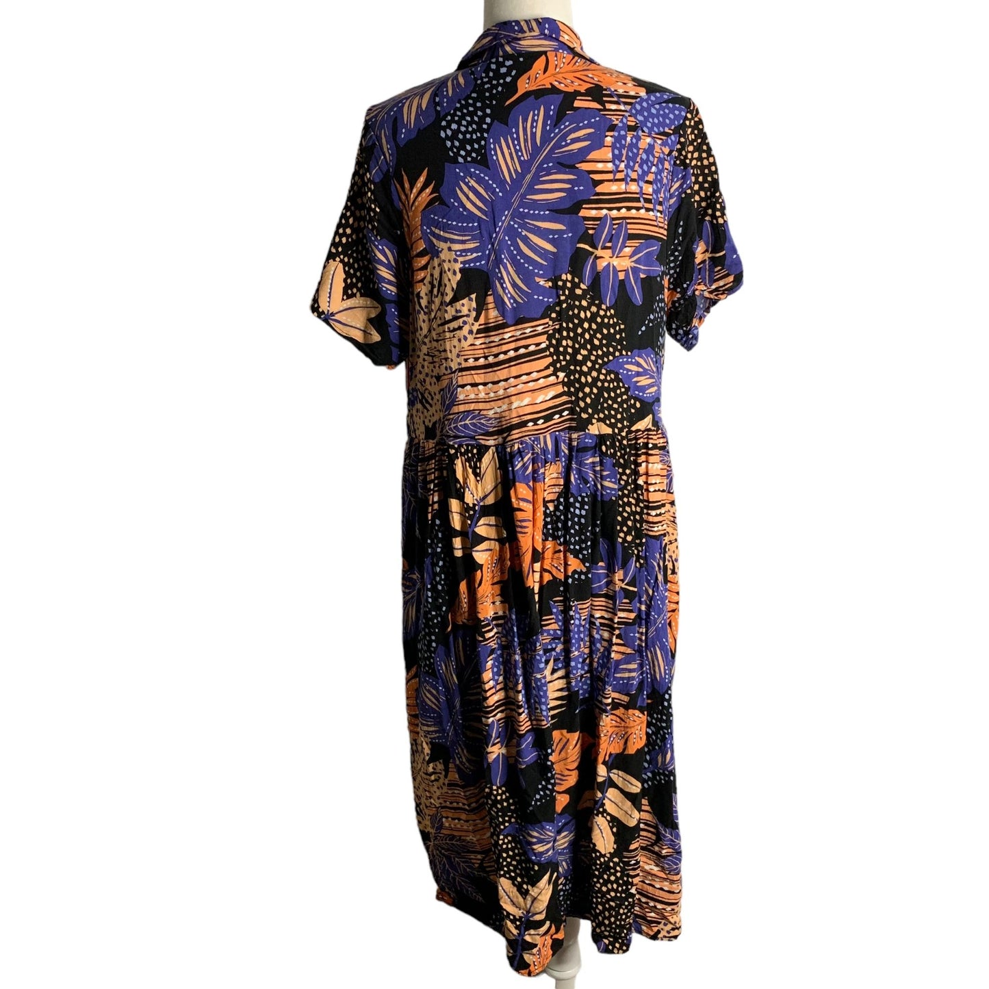 Loralette Short Sleeve High Low Dress 14/16 Black Palm Floral Buttons Pockets