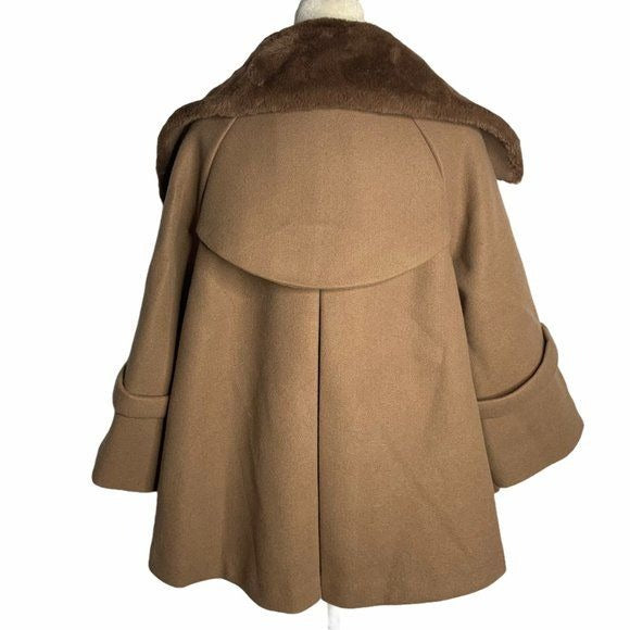 Secret Garden Korean Silk Wool Swing Coat M Brown Lined Faux Fur Snaps Pockets