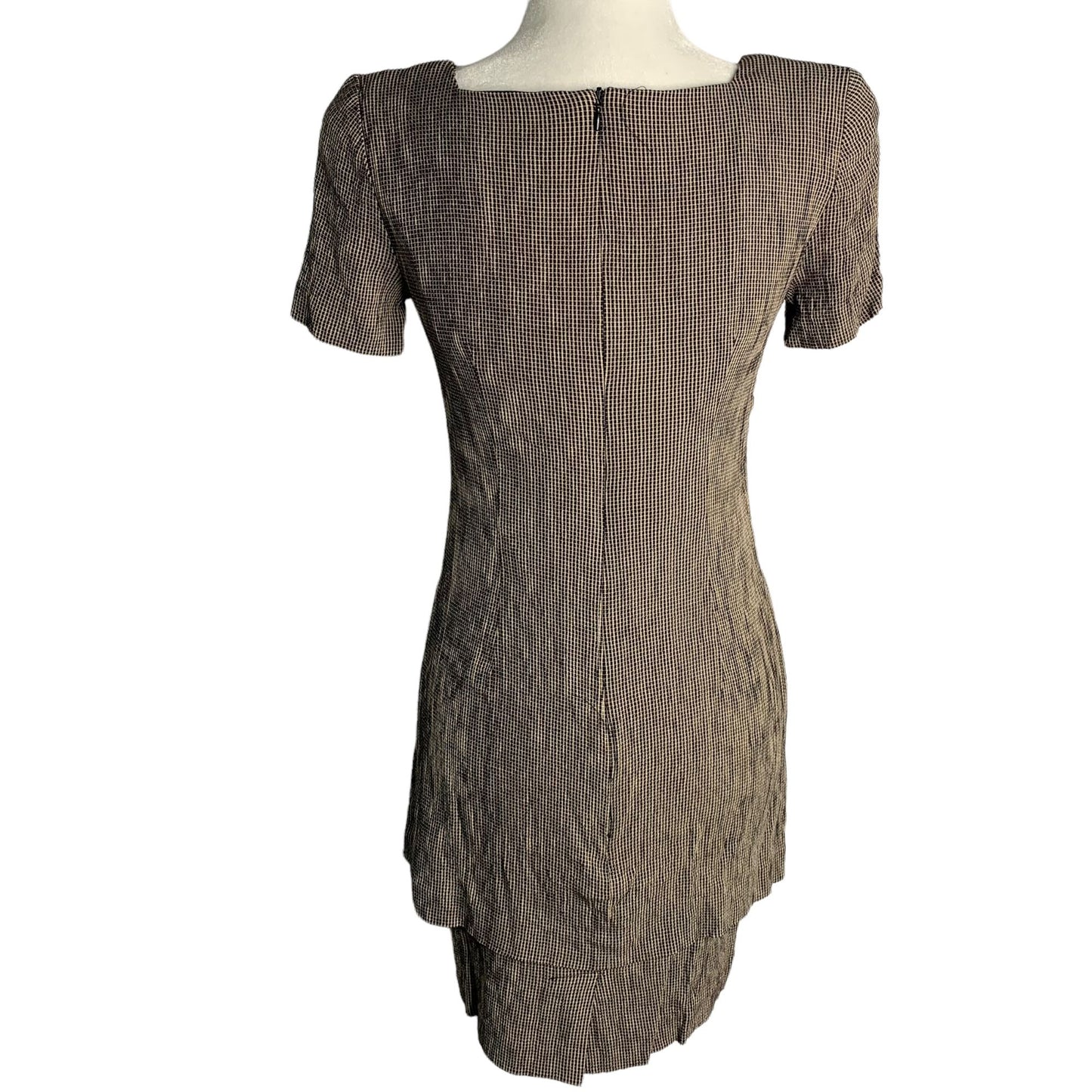 Vintage 80s Layered Look Sheath Dress S Black Check Buttons Zip Shoulder Pads