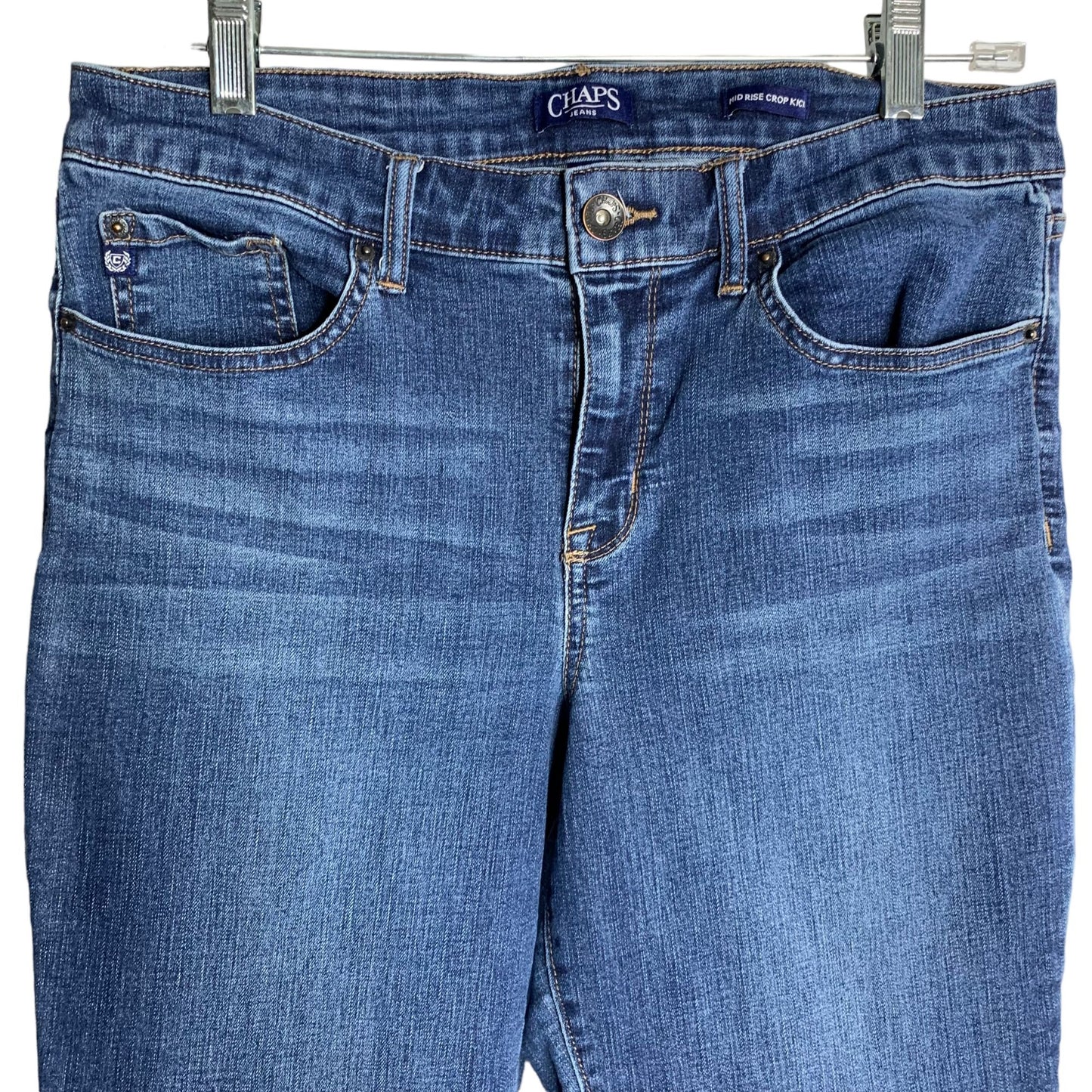 Chaps Mid Rise Crop Kick Denim Jeans 12 Med Wash Stretch Belt Loops Button Zip