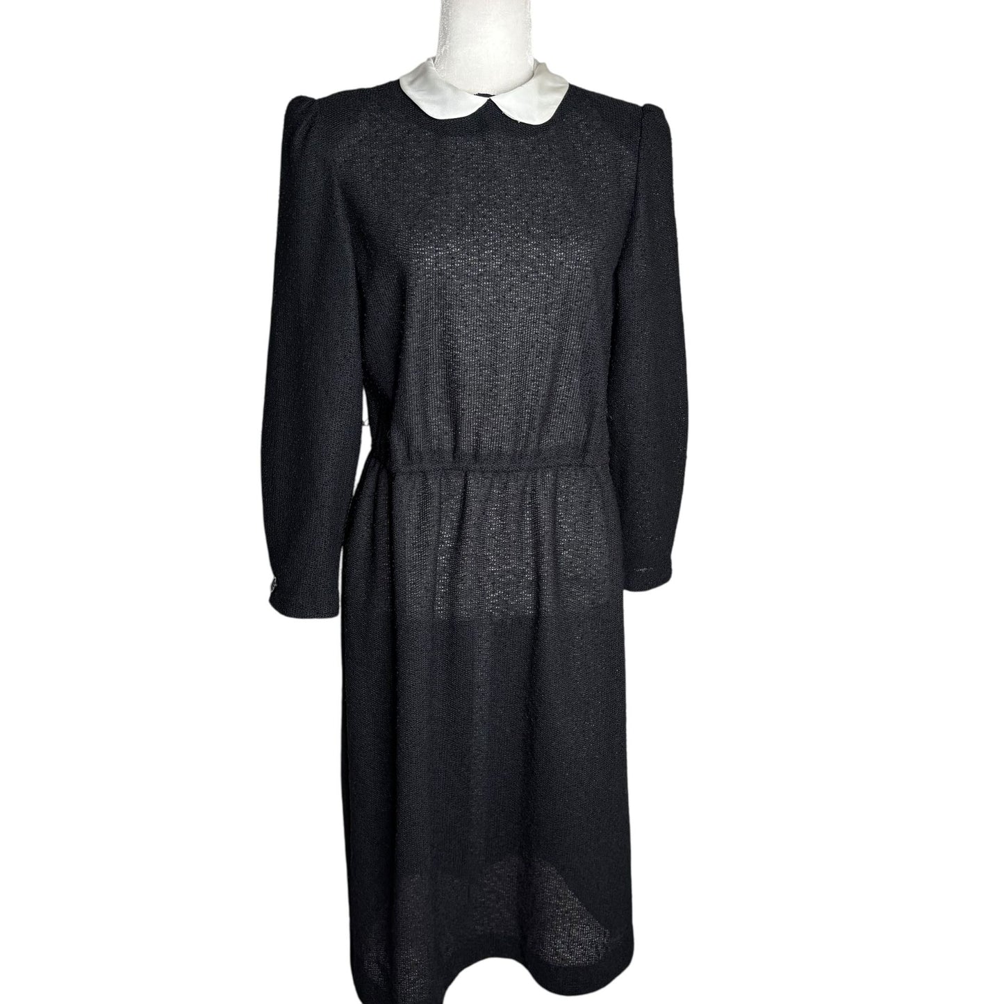 Vintage 70s Long Sleeve Knit Dress Medium Sheer Black Peter Pan Collar Zipper