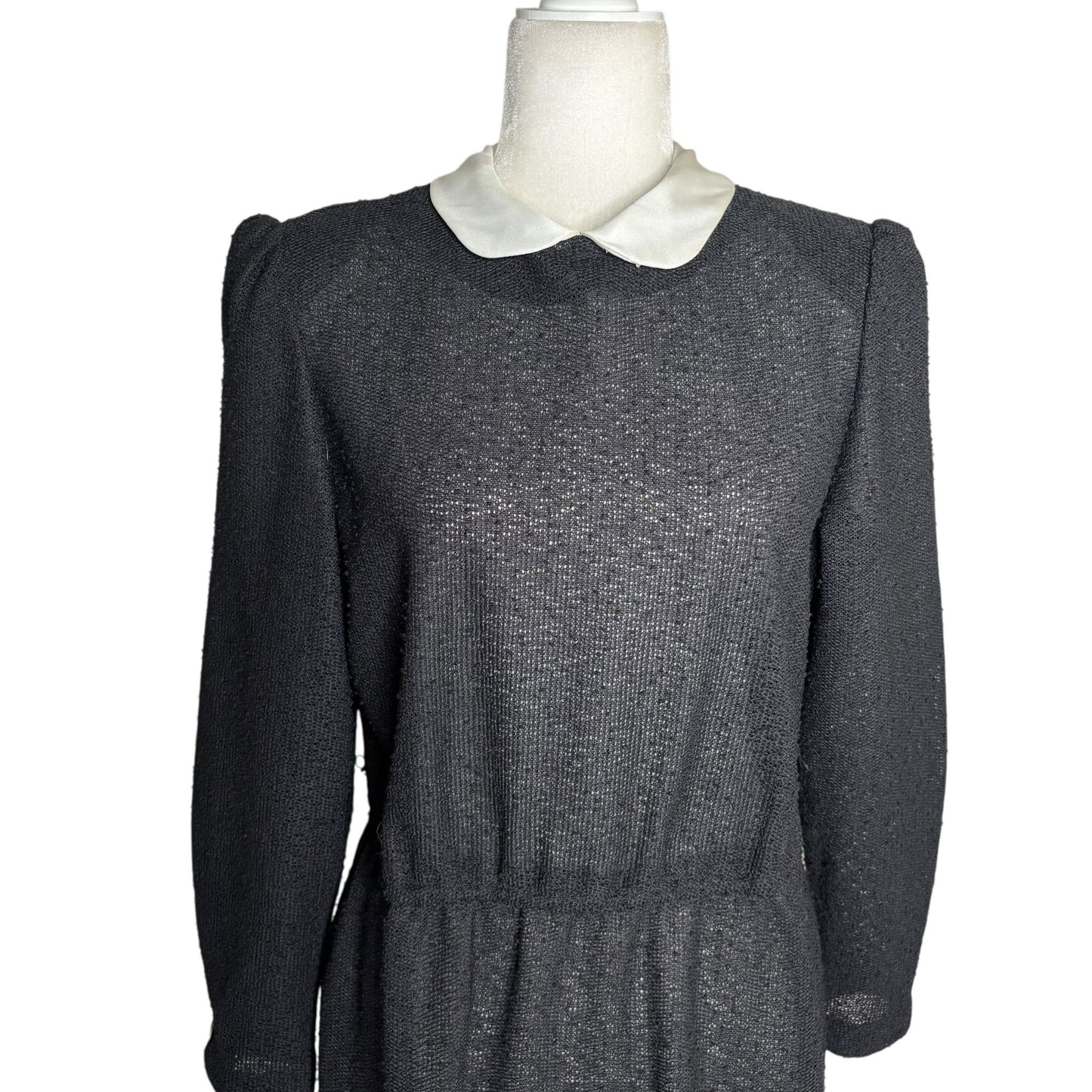 Vintage 70s Long Sleeve Knit Dress Medium Sheer Black Peter Pan Collar Zipper
