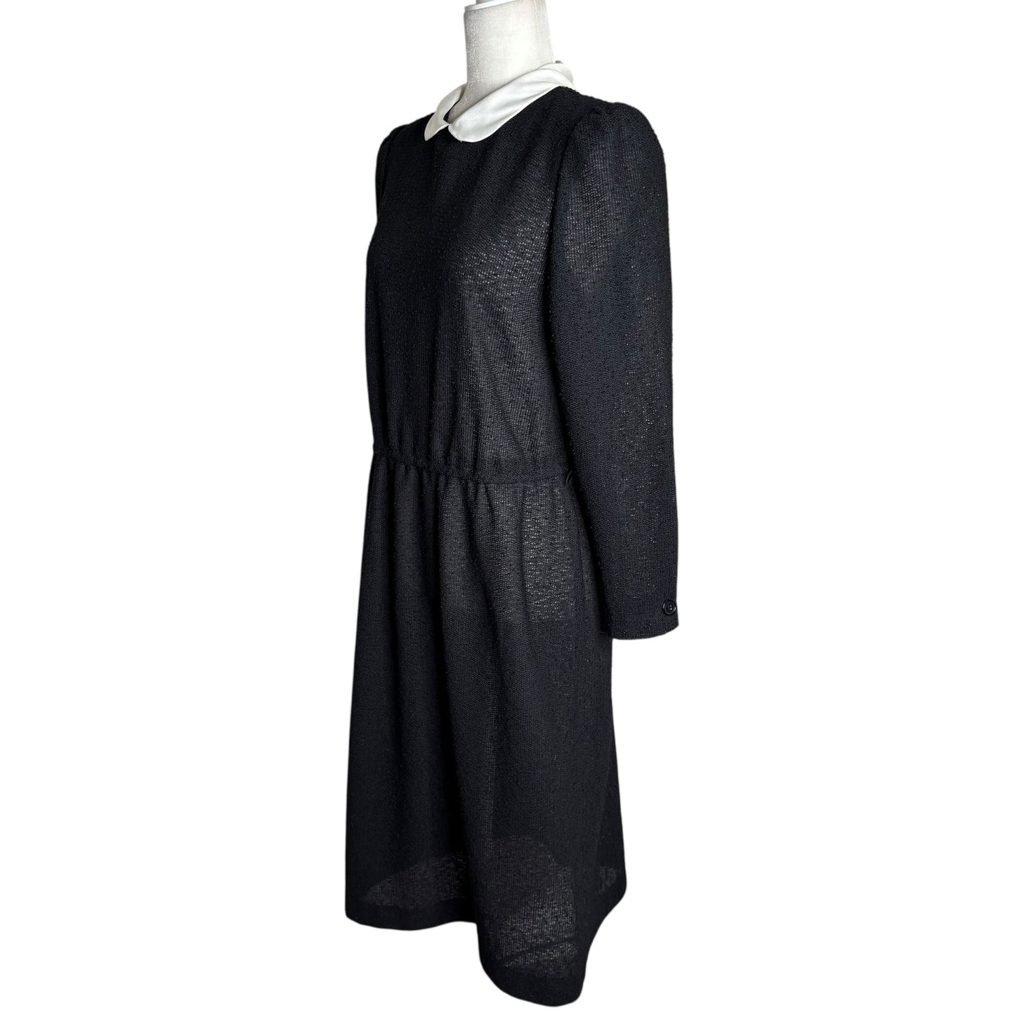 Vintage 70s Long Sleeve Knit Dress Medium Sheer Black Peter Pan Collar Zipper