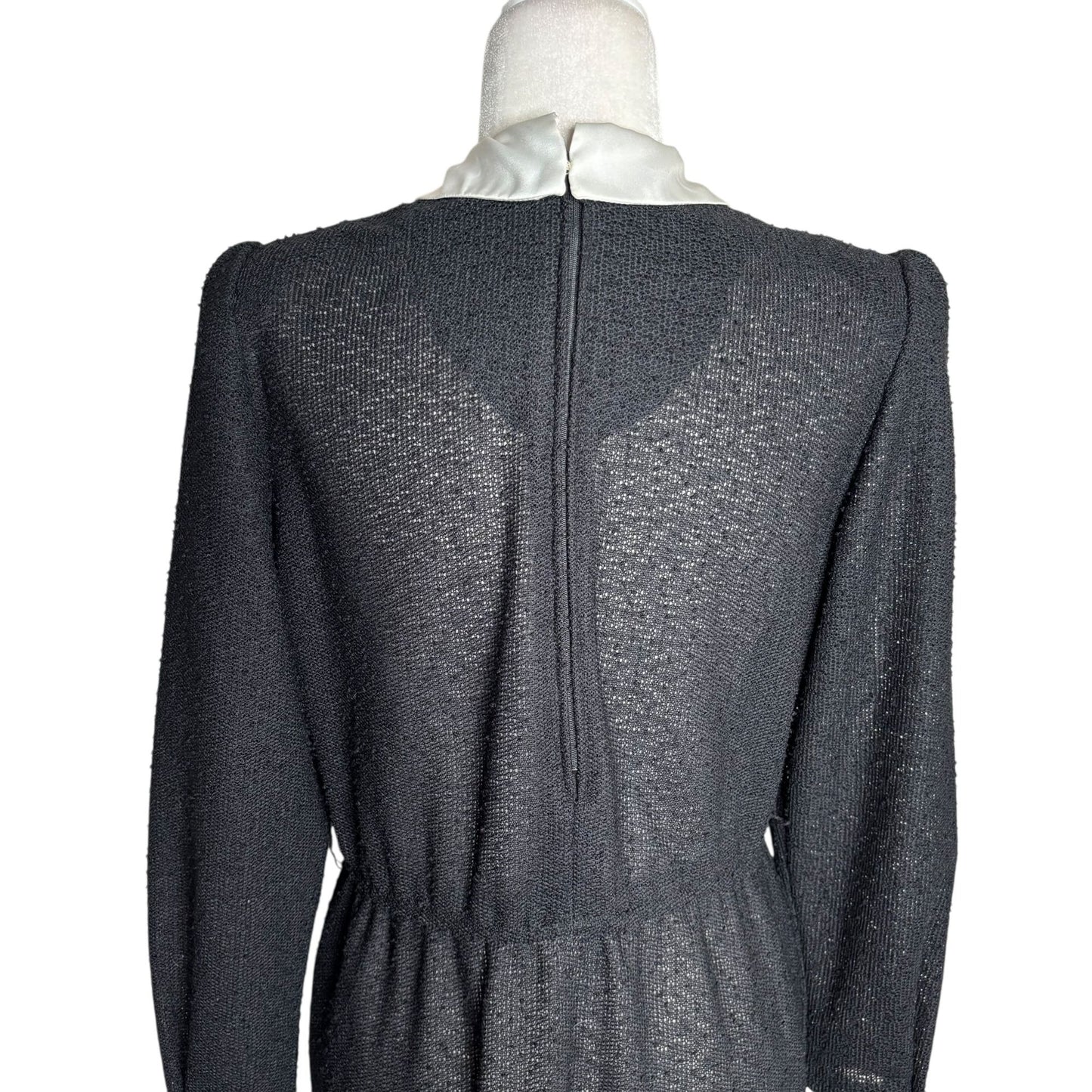 Vintage 70s Long Sleeve Knit Dress Medium Sheer Black Peter Pan Collar Zipper