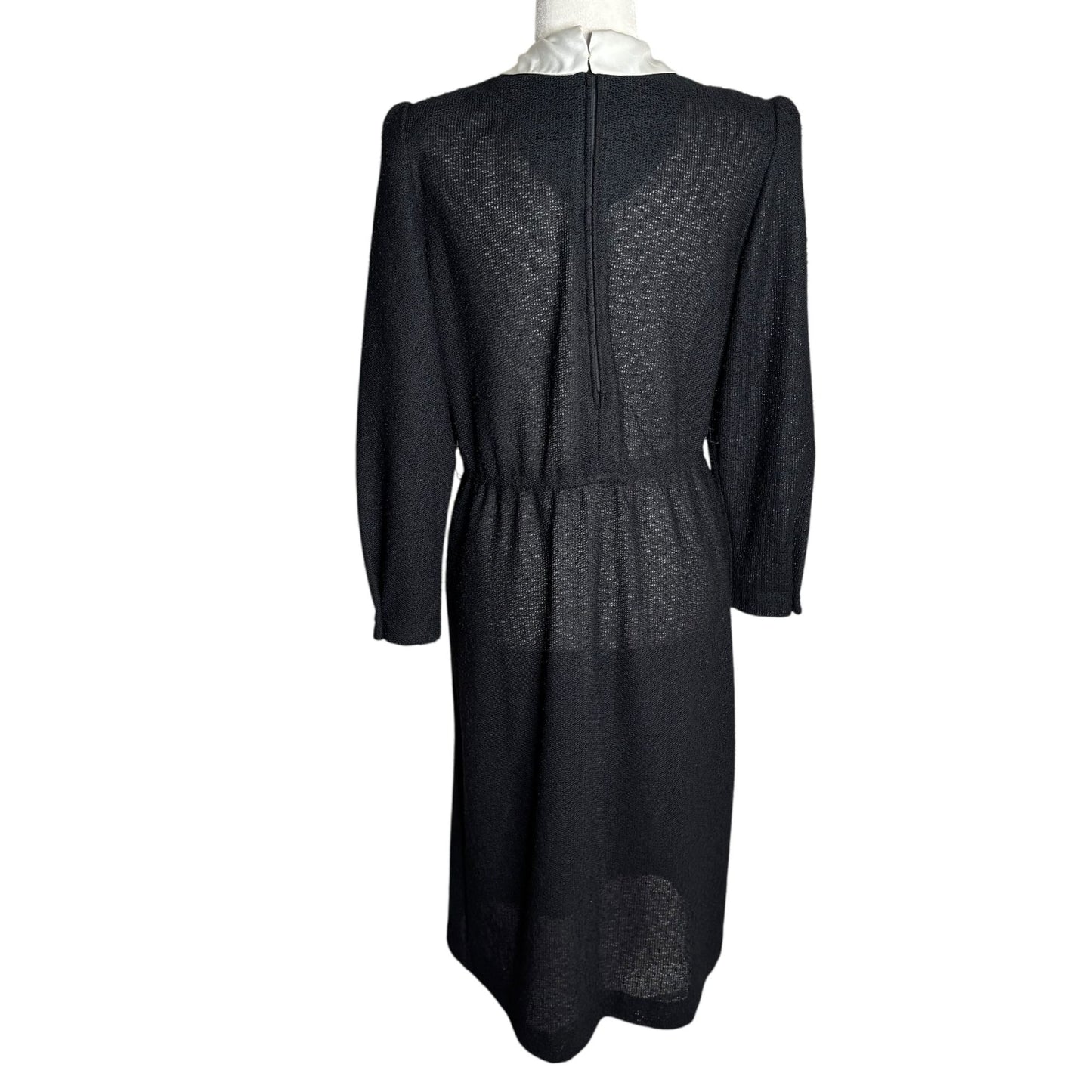 Vintage 70s Long Sleeve Knit Dress Medium Sheer Black Peter Pan Collar Zipper