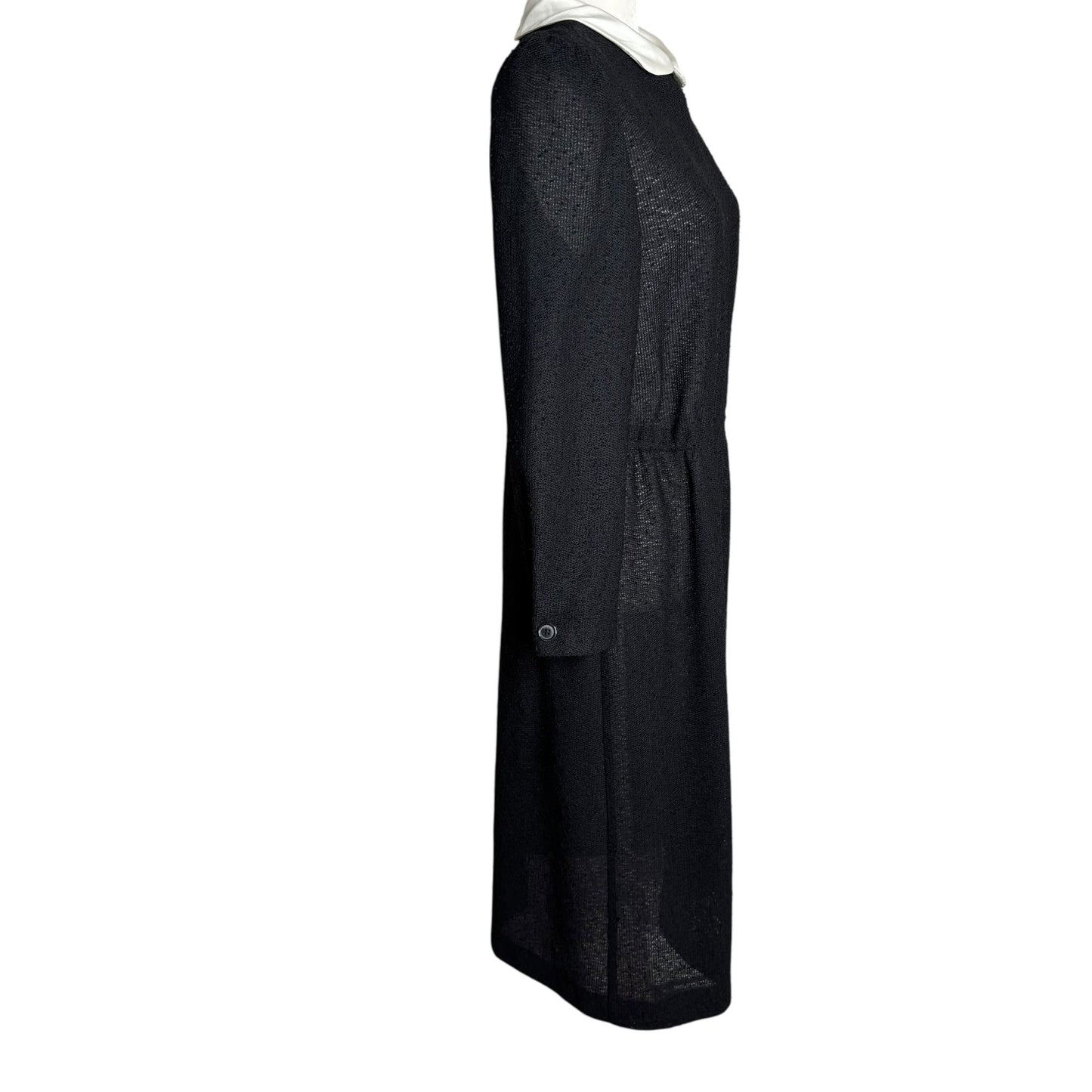 Vintage 70s Long Sleeve Knit Dress Medium Sheer Black Peter Pan Collar Zipper