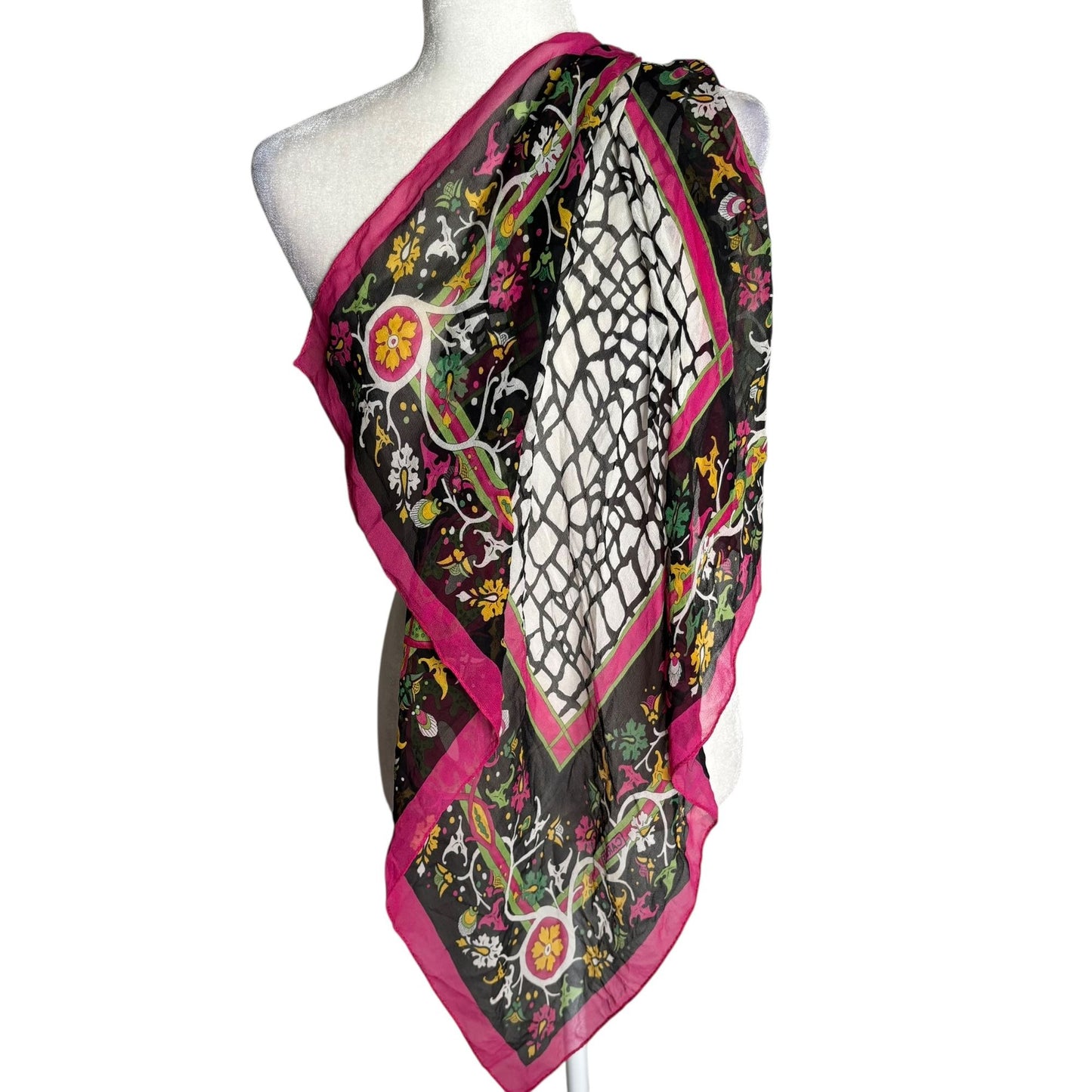 Vintage Carlisle Silk Scarf Black Pink Floral Abstract Print 29 x 31 in Square