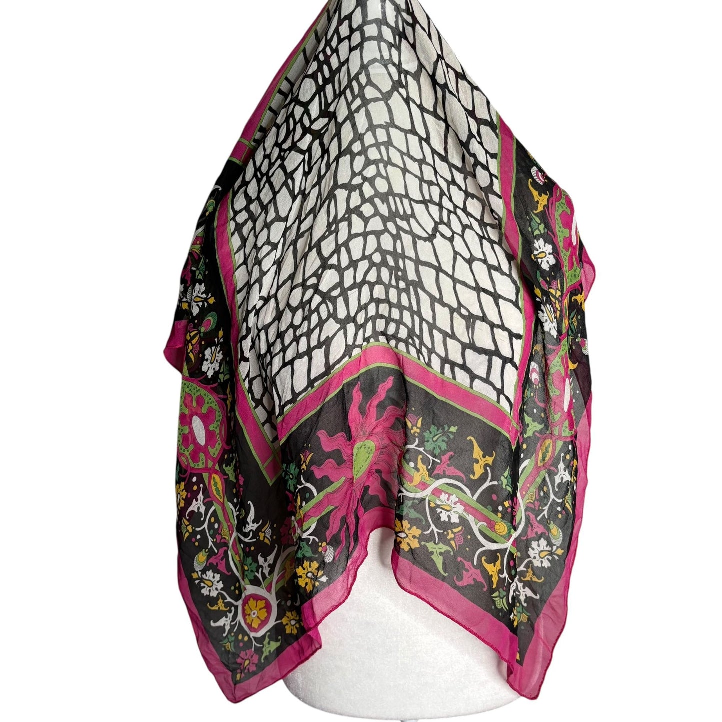 Vintage Carlisle Silk Scarf Black Pink Floral Abstract Print 29 x 31 in Square
