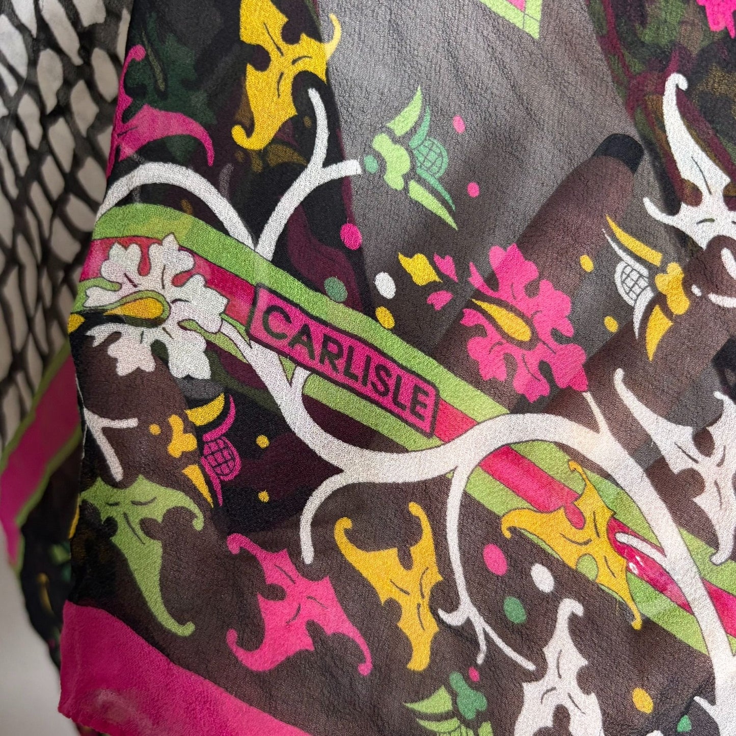 Vintage Carlisle Silk Scarf Black Pink Floral Abstract Print 29 x 31 in Square