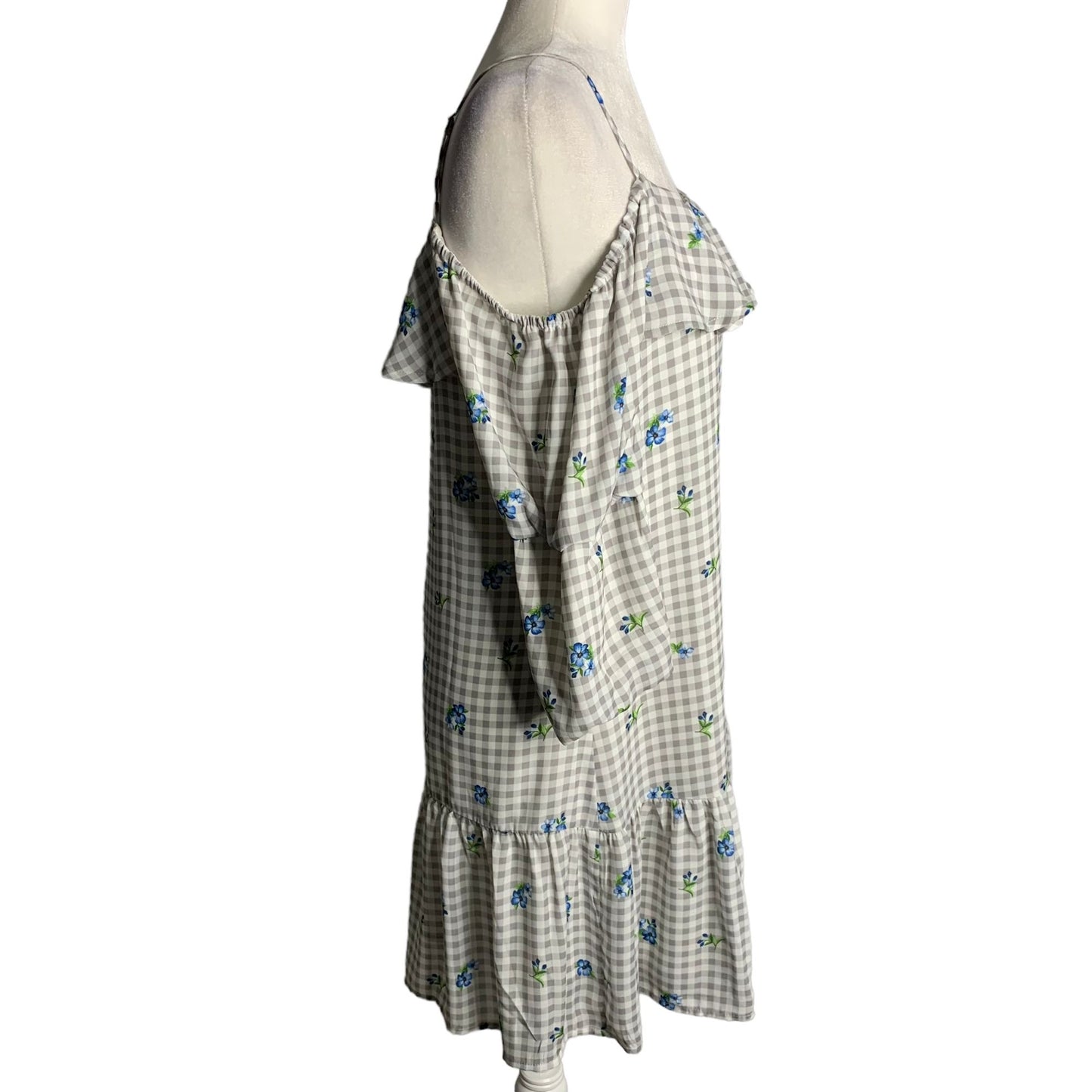 Skies are Blue Off the Shoulder Dress S White Check Floral Adjustable Straps