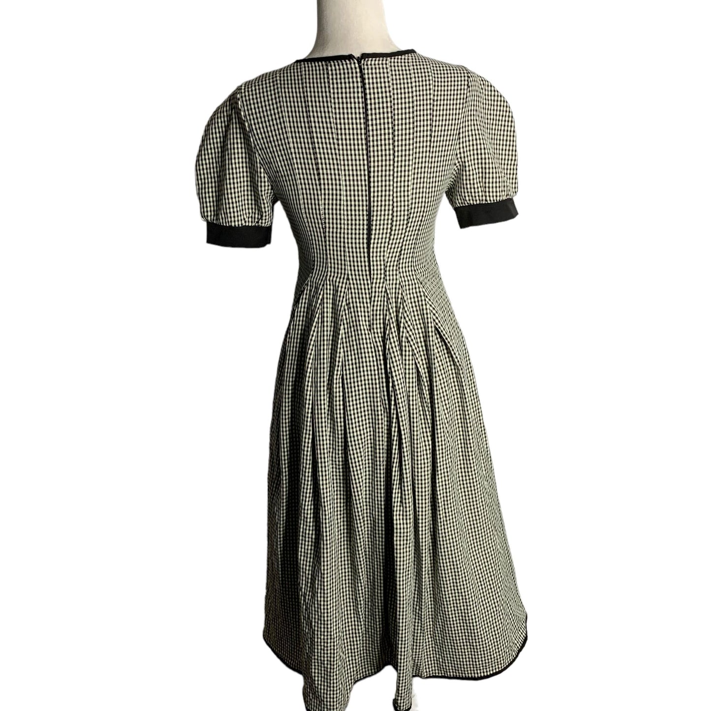 Retro Pleated Midi Swing Dress S Black White Gingham Check Short Sleeve Zipper