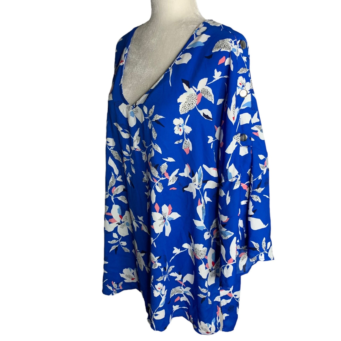 Prescott New York V Neck Pullover Blouse 14 Blue Floral Bell Sleeves Tunic
