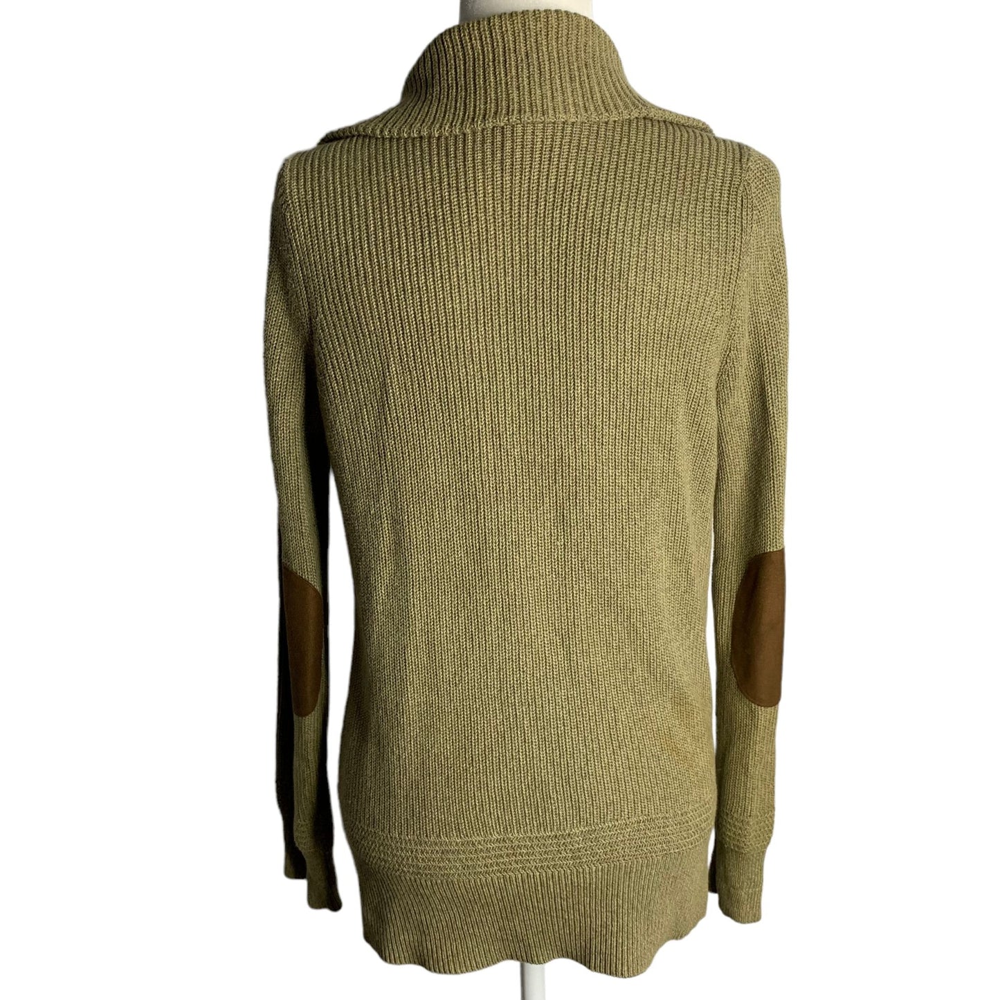 Lauren Ralph Lauren Cardigan Sweater M Green Brown Button Up Pockets Elbow Patch