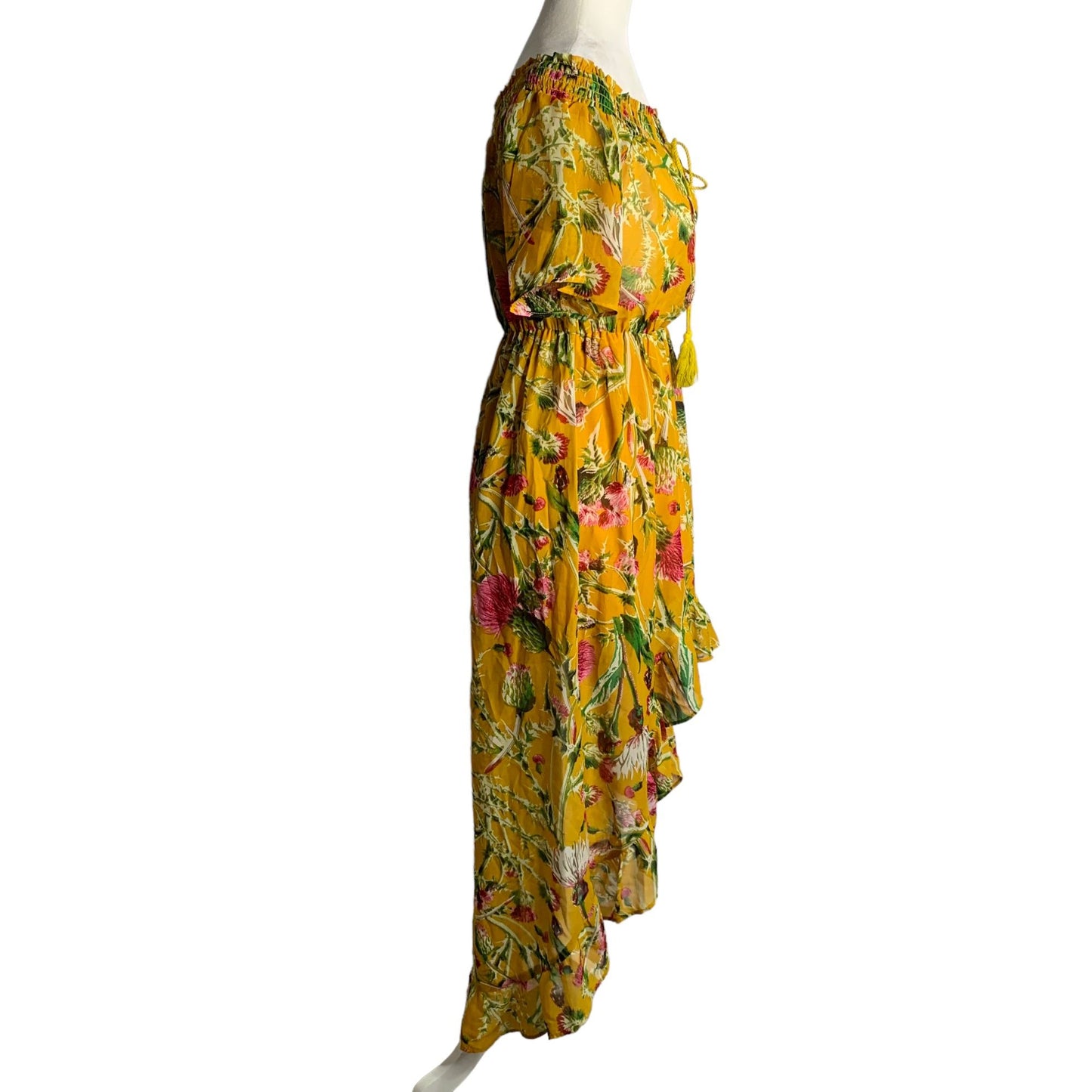 Boohoo Off the Shoulder Midi Dress 6 Yellow Floral High Low Hem Elastic Waist