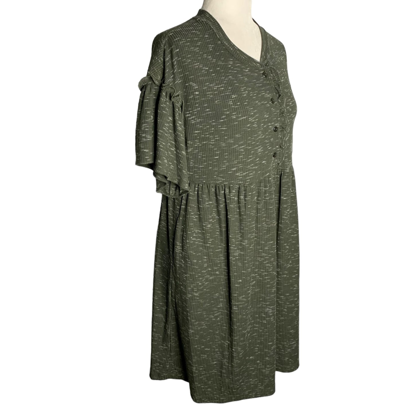 Violet Weekend Ribbed Knit T Shirt Dress S Green Flutter Sleeve Pockets Buttons
