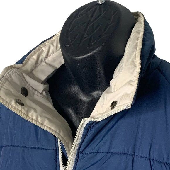 Vintage 80s Outergear Reversible Puffer Jacket L Blue White Hood Zip Pockets