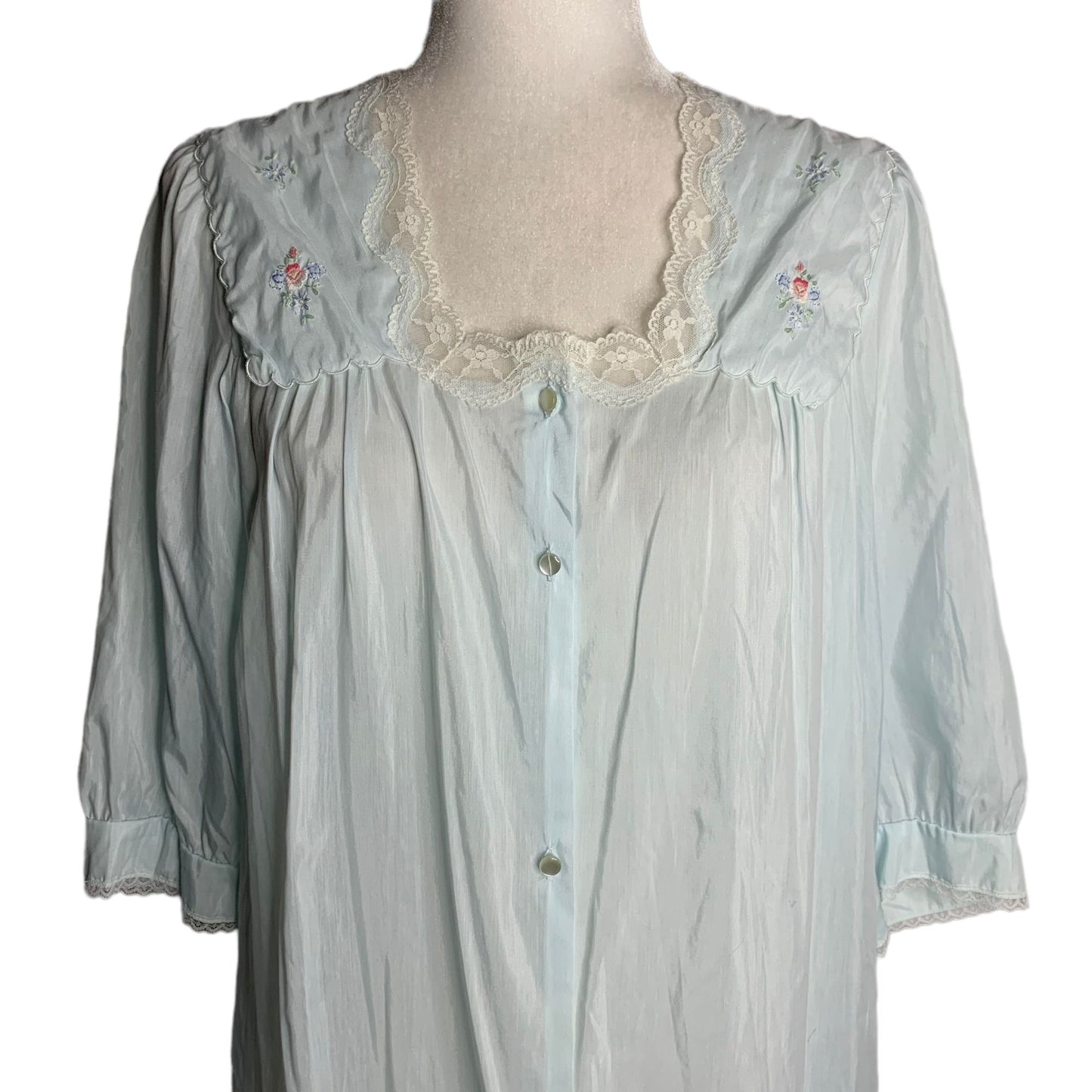 Vintage 70s Barbizon Button Up Nightgown M Blue Embroidered Lace Half Sleeve