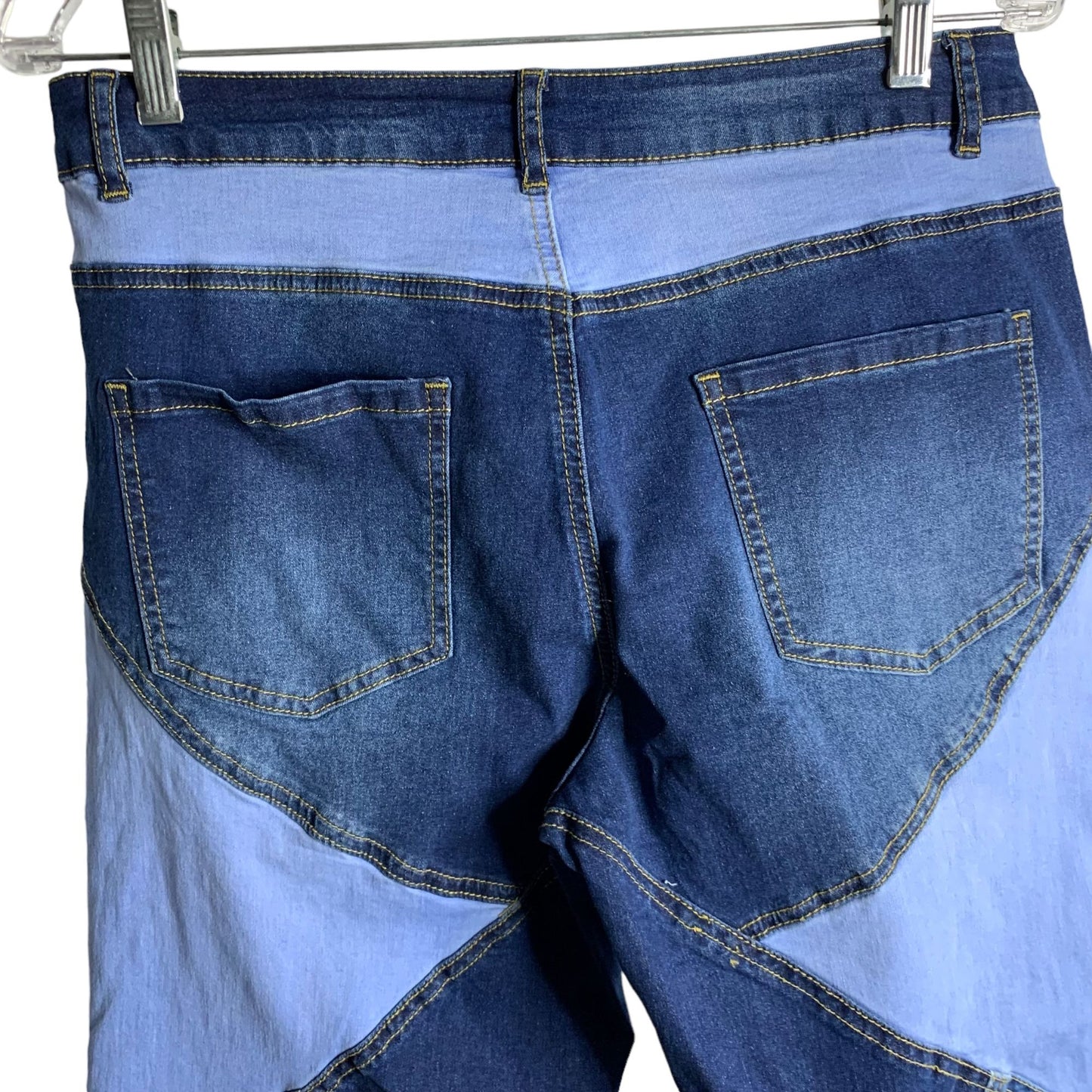 Retro Patchwork Wide Leg Denim Jeans L Blue Mid Rise Cut Off Stretch 5 Pocket