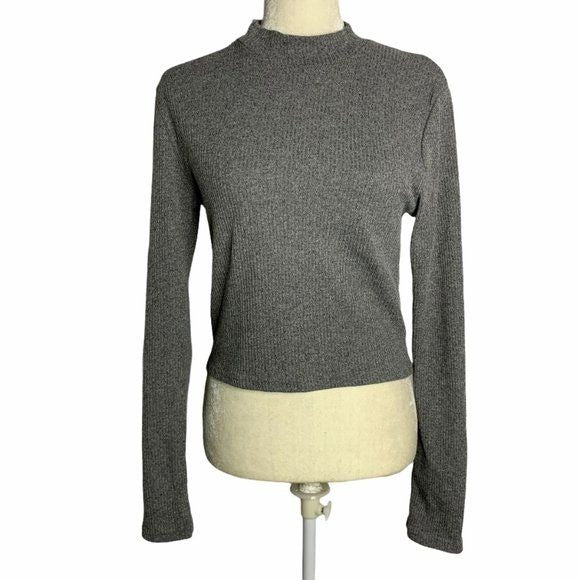 ReVamped Ribbed Knit Mock Neck Cropped Top Large Grey Long Sleeve Pullover