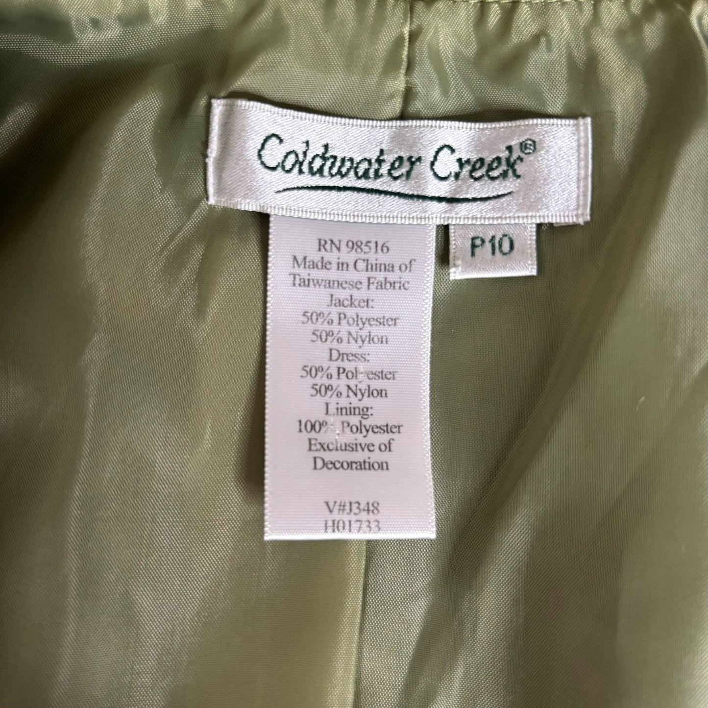 Coldwater Creek Two Piece Green Brocade Dress Jacket Set Petite 10 Green Beaded