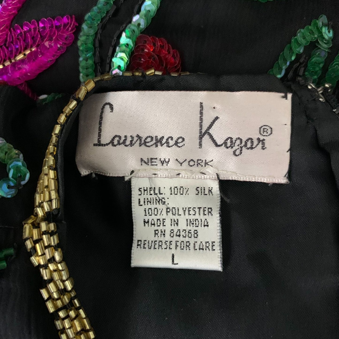 Vintage Laurence Kazar Sequin Silk Blouse L Black Floral Zip Back Short Sleeves