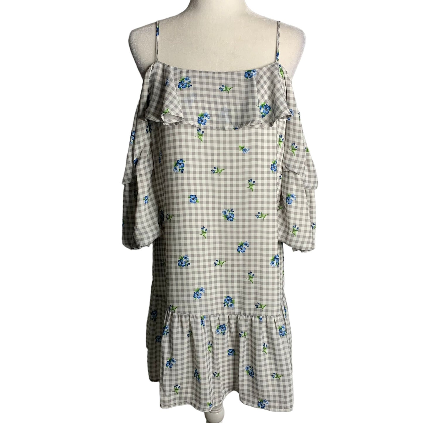 Skies are Blue Off the Shoulder Dress S White Check Floral Adjustable Straps