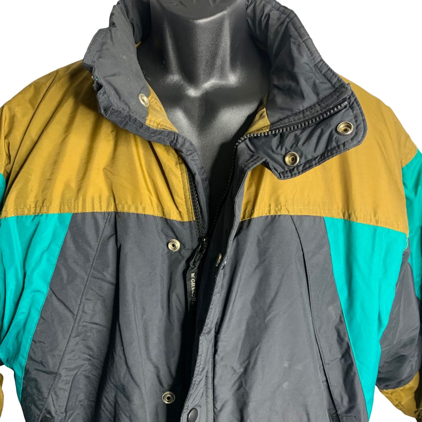 Vintage McGregor Ski Snow Jacket XL Black Zip Snaps Hood Pockets Elastic Waist