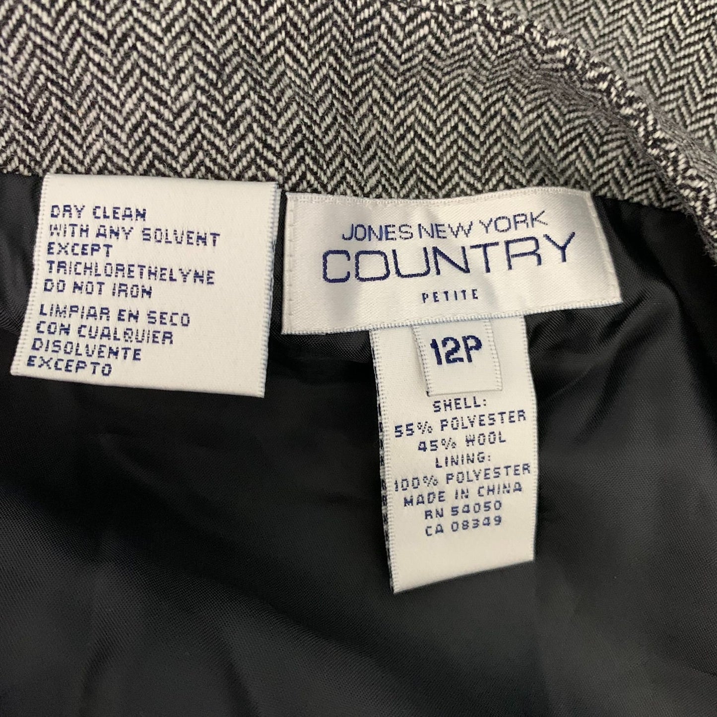 Vintage Jones New York Wool Blend Skirt 12P Black Herringbone Embroidered Lined