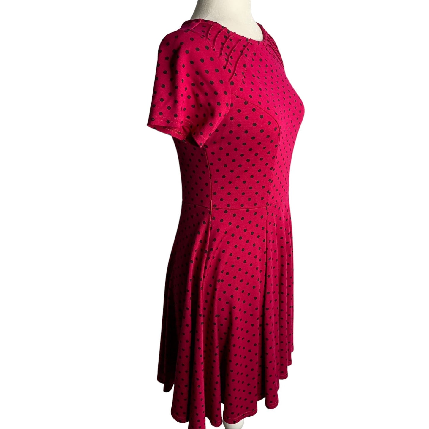 Unique Vintage Retro Swing Dress M Fuchsia Polka Dot Pleated Zip Stretch Knit
