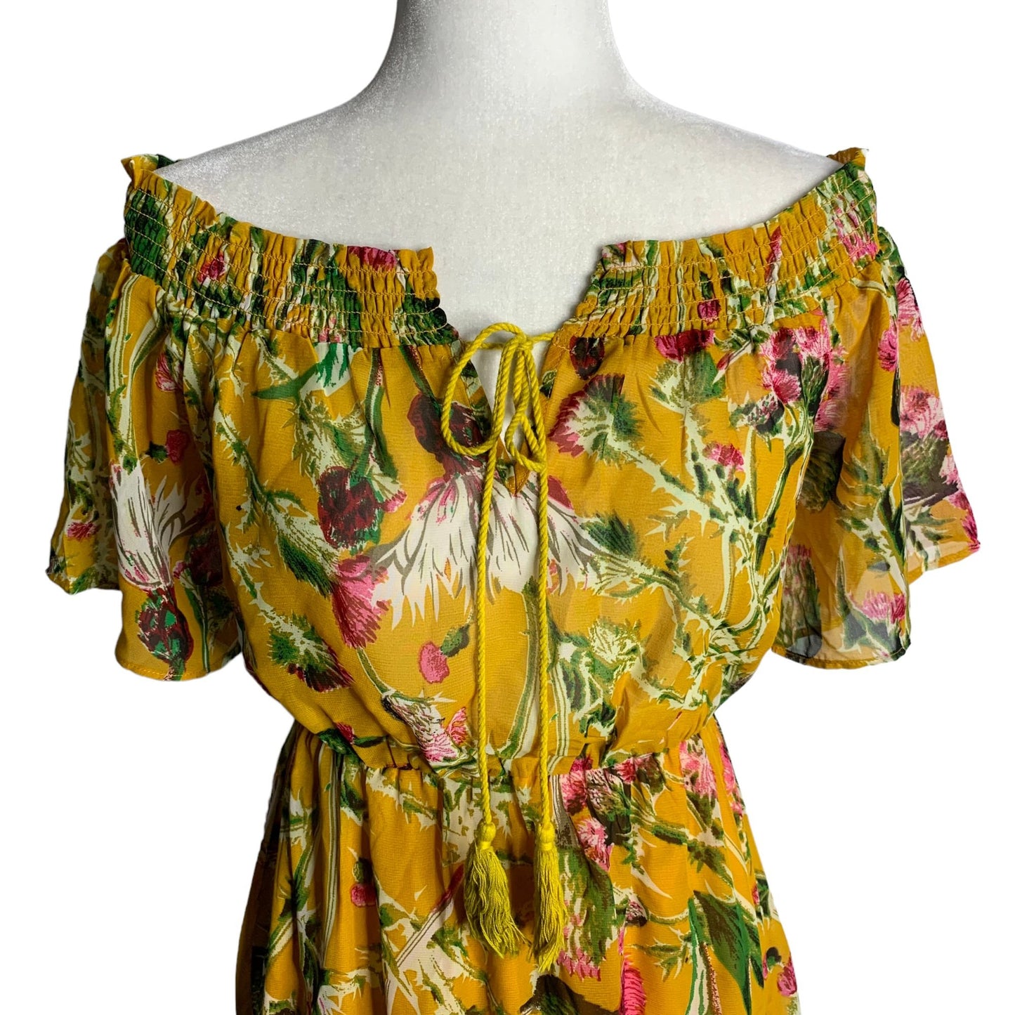 Boohoo Off the Shoulder Midi Dress 6 Yellow Floral High Low Hem Elastic Waist