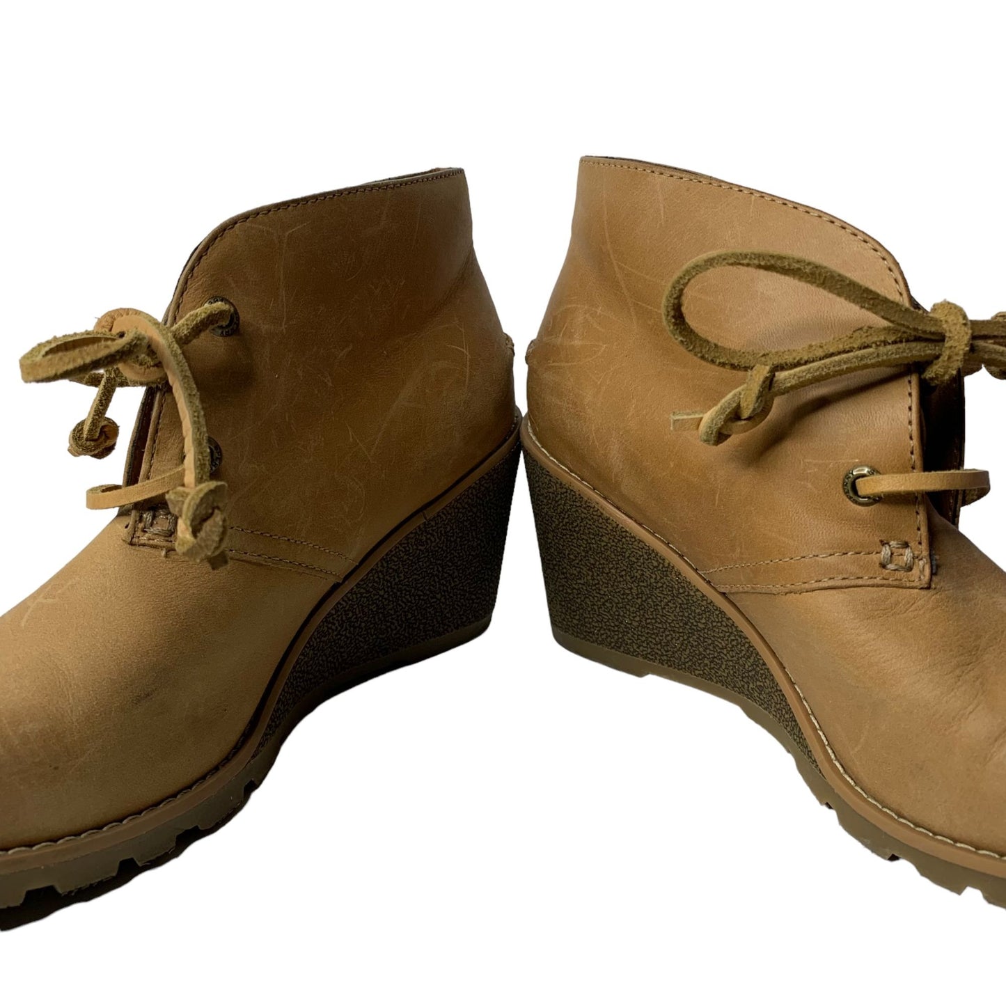 Sperry Harlow Burnished Leather Wedge Boots 8M Brown Tie Front Booties Pumps