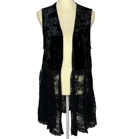 Vintage Y2K Surrealist Crushed Velvet Vest S Black Lace Cardigan Goth Festival
