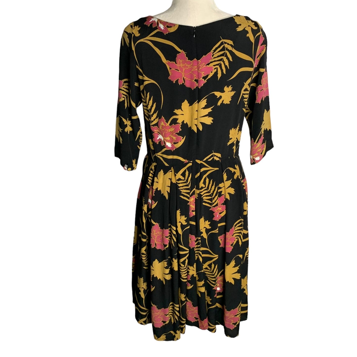 Violet Fish Bohemian Pleated Midi Dress S Black Floral 3/4 Sleeve Zip Boho