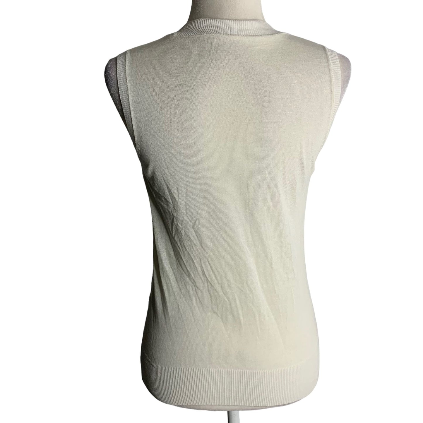 Lightweight Sleeveless Knit Top S White Ribbed Trim Slightly Sheer