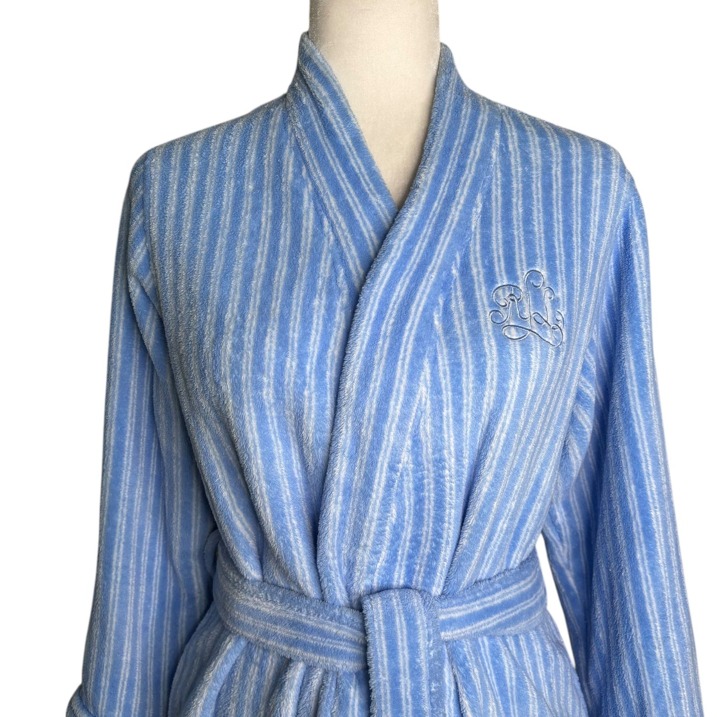 Lauren Ralph Lauren Womens Small Blue White Striped Robe Pockets Tie Belt