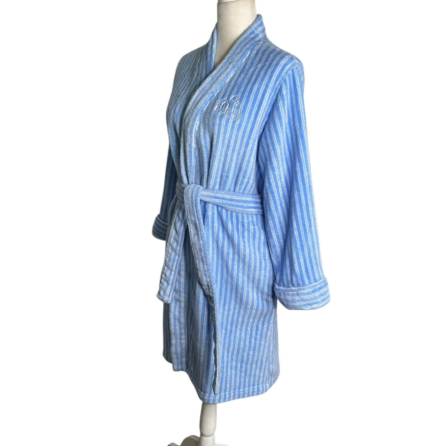Lauren Ralph Lauren Womens Small Blue White Striped Robe Pockets Tie Belt